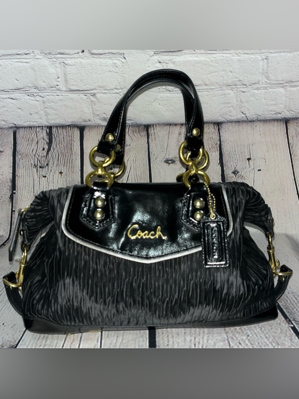 NWOT Vintage Coach Ashley Gathered Satin & Leather Convertible Satchel Handbag